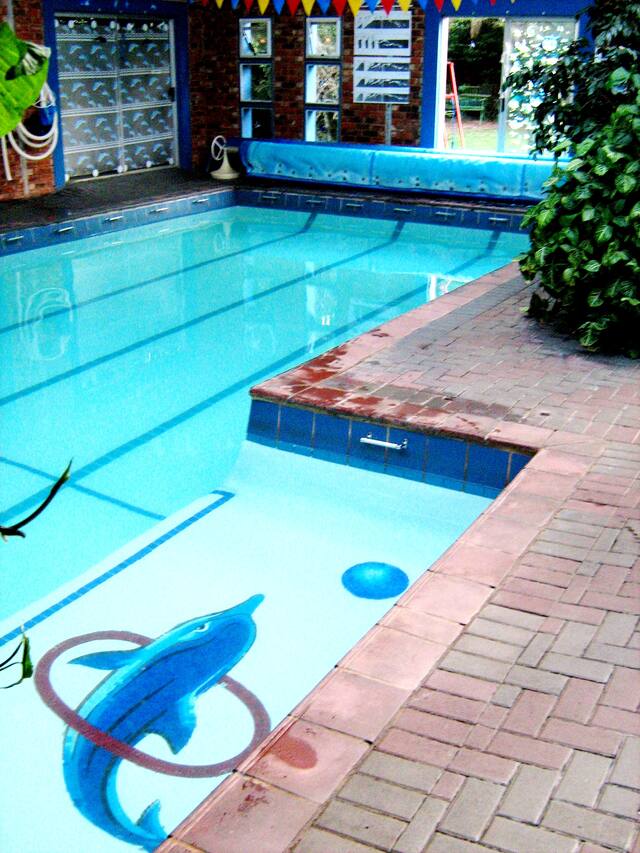 Shallow corner of the pool with a dolphin toy